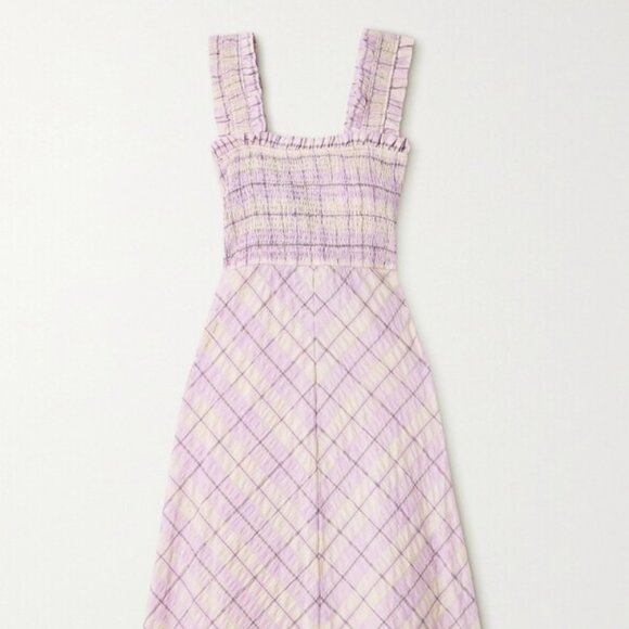 Ganni Ruffled Seersucker Midi Dress - Size 36 - Picture 1 of 5